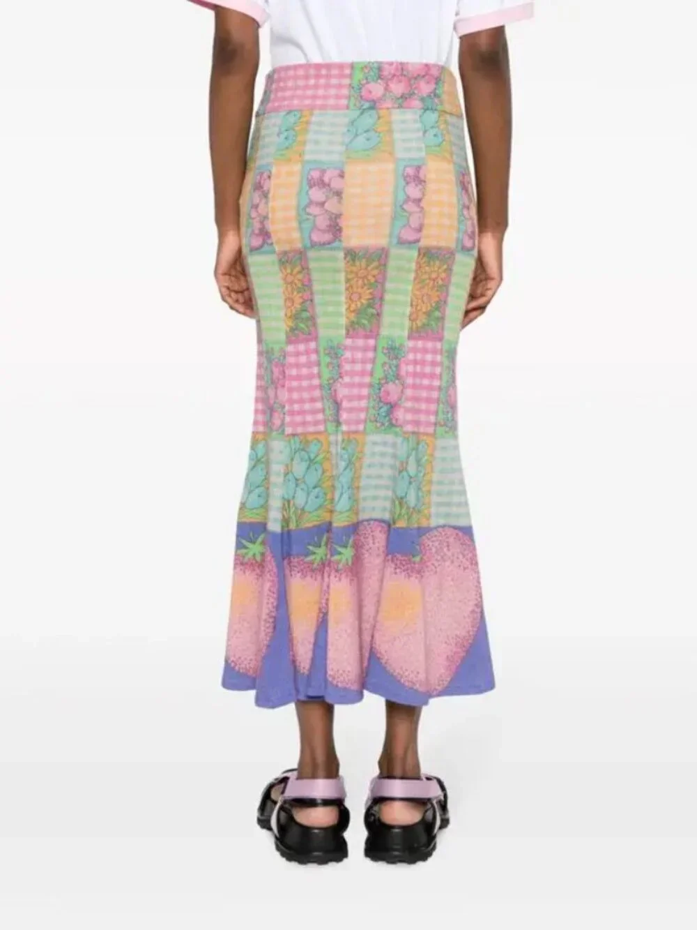 NWT ERL Mix Print Fluted Maxi Skirt Size L Pink Fruit Floral Gingham Designer